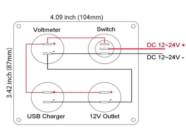 USB oplader voltmeter trykknap og 12V udtag - ledningsopsætning
