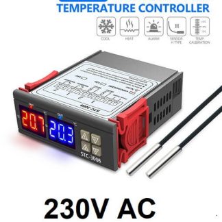 Temperaturstyring med 2 sensorer og 2 relæer 230V AC- front