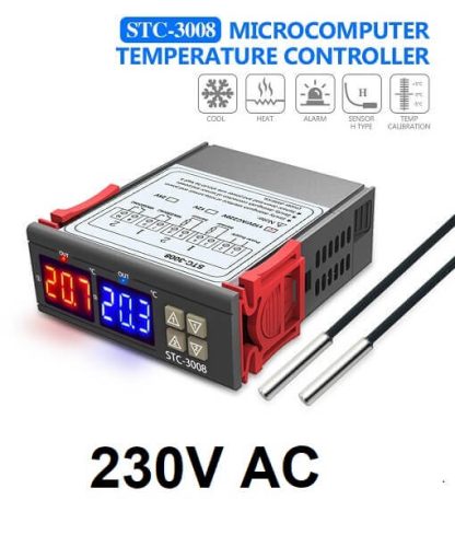 Temperaturstyring med 2 sensorer og 2 relæer 230V AC- front